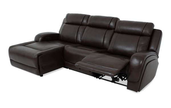 Tracker Brown Leather 108'' Power Reclining 3-Piece Left Arm Facing Chaise Sectional with Armless Chair, contemporary brown leather upholstery, power headrest and recline, USB and wireless charging ports, and drop-down table with storage.