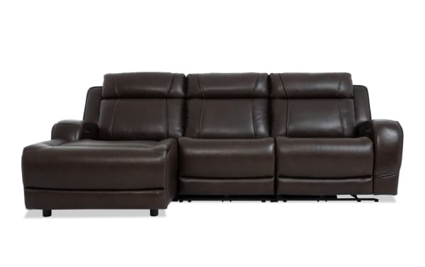 Tracker Brown Leather 108'' Power Reclining 3 Piece Sectional with Left Arm Chaise, Armless Power Recliner, and Power Headrest in contemporary brown leather upholstery.