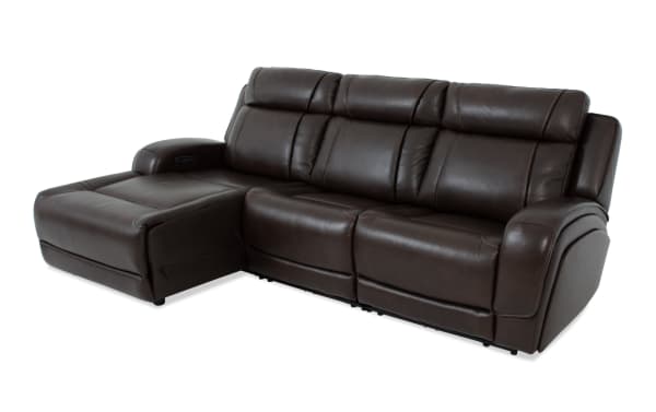 Tracker Brown Leather 108'' power reclining sectional with left arm chaise, armless recliner, power headrest, USB ports, and memory foam cushions.