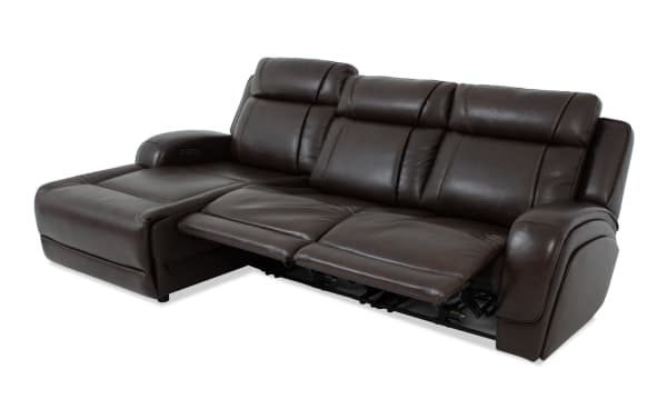 Tracker Brown Leather 108'' Power Reclining 3 Piece Sectional with Left Arm Chaise, Armless Power Recliner, and Power Headrest in contemporary brown leather upholstery.
