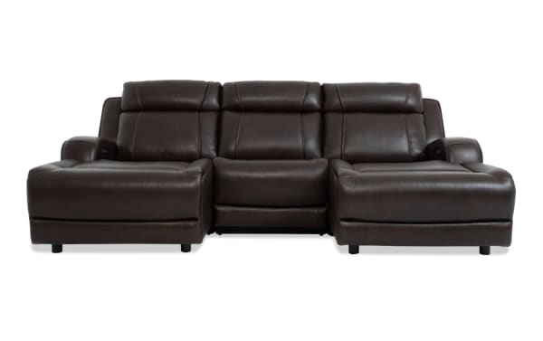 Tracker Brown Leather 108'' Power Reclining 3 Piece Dual Chaise Sectional with power headrest, USB ports, wireless charging, and memory foam cushions in contemporary brown leather.