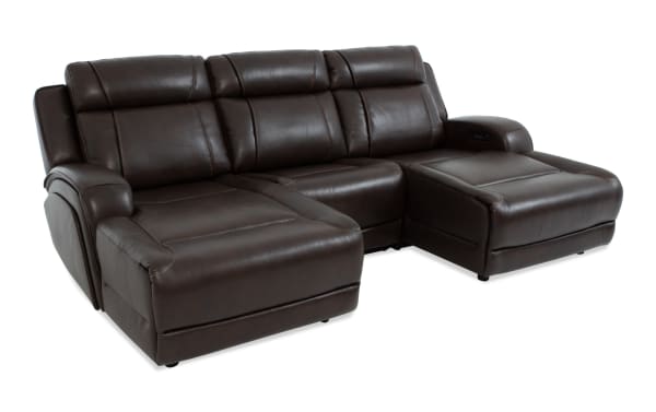 Tracker Brown Leather 108'' Power Reclining 3 Piece Dual Chaise Sectional with power headrest, USB ports, wireless charging, and Bob-O-Pedic® memory foam cushions in contemporary brown leather upholstery.