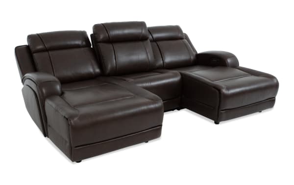 Tracker Brown Leather 108'' Power Reclining 3 Piece Dual Chaise Sectional with power headrest, USB ports, wireless charging, and memory foam cushions in contemporary brown leather.