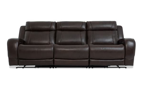 Tracker Brown Leather 108'' power reclining sofa with armless chair and power headrest, contemporary brown leather upholstery, memory foam cushions, USB and wireless charging ports.