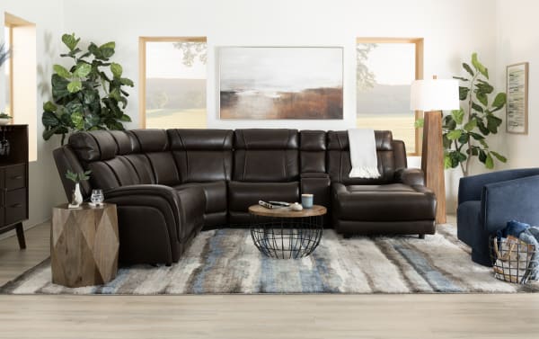 Tracker Brown Leather 108'' Power Reclining Sofa with Armless Chair and Power Headrest, contemporary brown leather sectional with memory foam cushions, USB charging ports, drop-down table, and storage.
