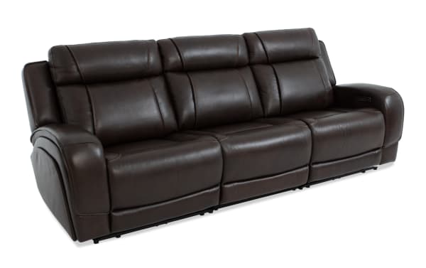 Tracker Brown Leather 108'' Power Reclining Sofa with armless chair and power headrest, contemporary style, brown leather upholstery, memory foam cushions, USB charging ports.