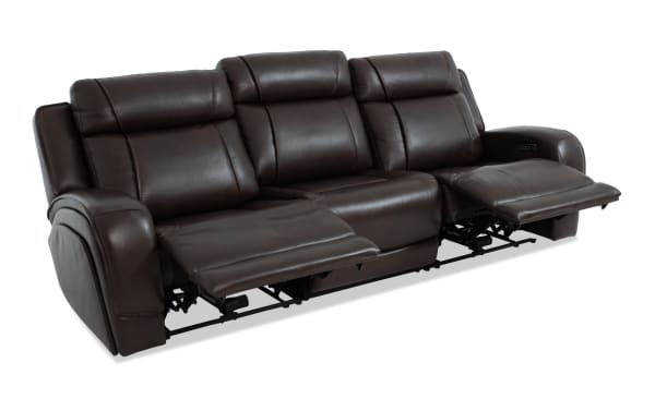 Tracker Brown Leather 108'' Power Reclining Sofa with armless chair and power headrest, brown leather upholstery, contemporary style, memory foam cushions, USB and wireless charging ports.