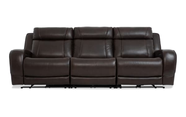 Tracker Brown Leather 108'' Power Reclining Sofa with armless power recliner, power headrest, and memory foam cushions in contemporary brown leather.