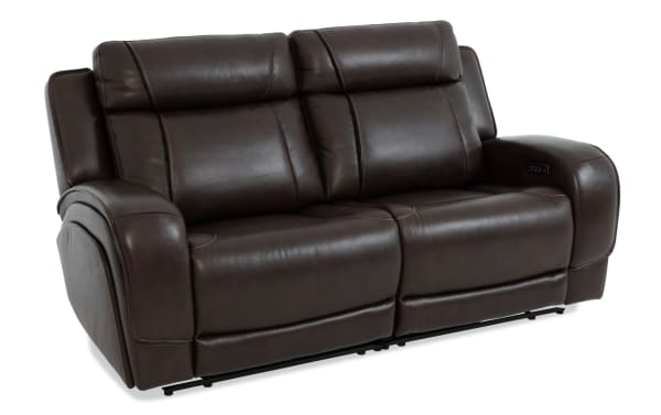 Tracker Brown Leather 79'' Power Reclining Loveseat with power headrest, USB ports, brown leather upholstery, and contemporary style design.