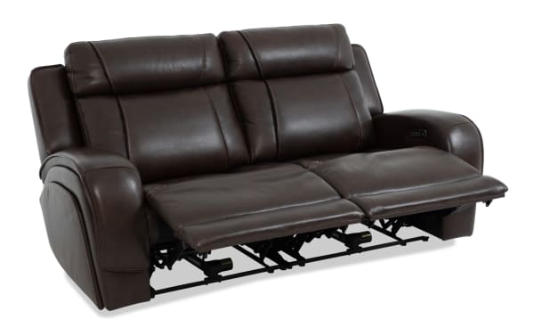 Tracker Brown Leather 79'' Power Reclining Loveseat with Power Headrest in brown leather, contemporary style, featuring memory foam cushions and USB ports
