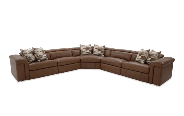 Cannon Cognac Leather 151'' Power Reclining 5 Piece Sectional with power headrests, plush memory foam cushions, and two patterned accent pillows in contemporary brown leather.