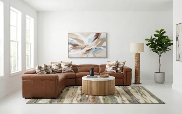 Cannon Cognac Leather 151" power reclining 5-piece sectional with power headrest, plush memory foam cushions, and contemporary brown leather upholstery.