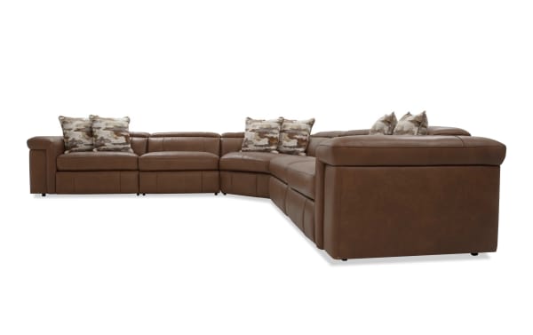 Cannon Cognac leather 151" power reclining 5-piece sectional with power headrests, plush memory foam cushions, and contemporary brown leather upholstery.
