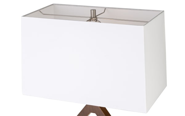 Rectangular white fabric lampshade with a wooden base, featuring a modern, minimalist design suitable for home or office lighting.