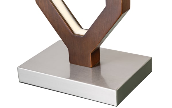 Modern table lamp base with brushed stainless steel rectangular platform and dark wood geometric frame, featuring integrated LED lighting.