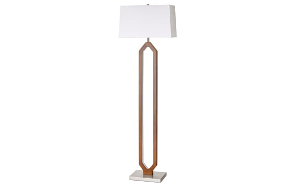 Modern floor lamp with a rectangular white fabric shade, wooden geometric open-frame body, and a metal base, ideal for living room lighting.