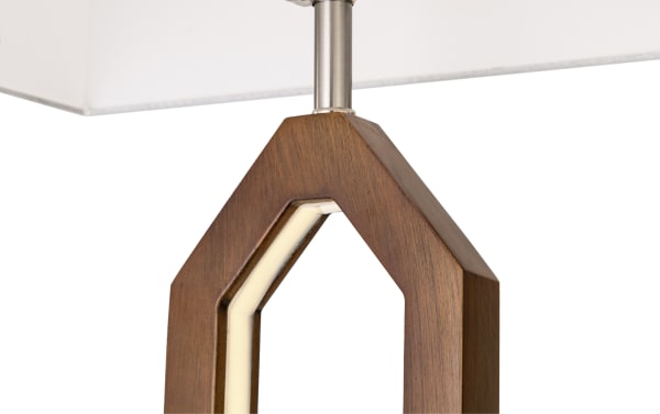 Modern pendant light fixture with a wooden hexagonal frame and integrated LED strip, featuring a brushed metal rod and white fabric lampshade.