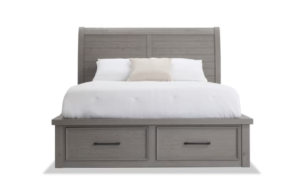 Hudson 5 Piece Full Gray Storage Platform Bed with paneled sleigh headboard, six drawers, pewter hardware, rubberwood and pine solids, transitional style.