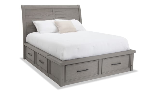 Hudson 5 Piece Full Gray Storage Platform Bed from Hudson Bedroom collection, transitional style with six built-in drawers, rubberwood and mango veneer construction, pewter hardware, and paneled sleigh headboard.
