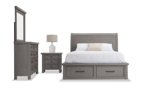 Hudson 4 Piece Queen Gray Storage Platform Bedroom Set with transitional style, rubberwood and mango veneer, includes sleigh bed with six storage drawers, dresser with mirror, and three-drawer nightstand, finished in gray with pewter hardware.