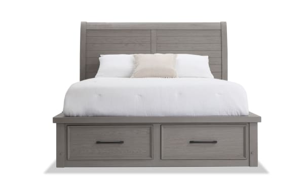 Hudson 4 Piece Queen Gray Storage Platform Bed from Hudson Bedroom collection, transitional style in gray rubberwood, pine, mango veneer with pewter hardware and two front storage drawers.