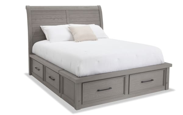 Hudson 4 Piece Queen Gray Storage Platform Bed in transitional style with gray rubberwood solids, six storage drawers, and pewter hardware.
