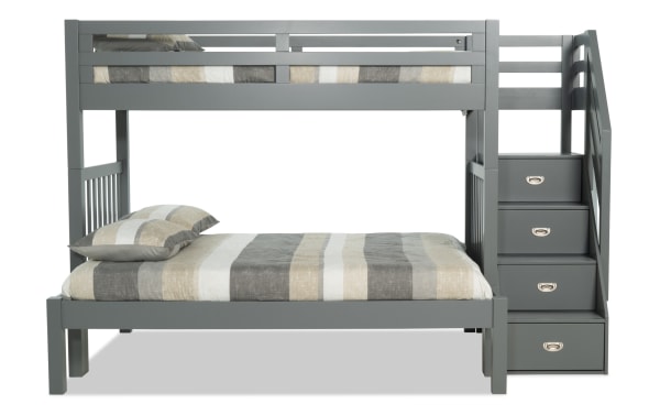 Chadwick Twin/Full gray stairway bunk bed in transitional style, made of solid pine with built-in stair drawers for storage, reversible stair placement.
