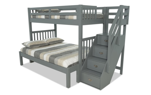 Chadwick Twin/Full Gray Stairway Bunk Bed in transitional style, made of solid pine with built-in storage stairs and side railings.