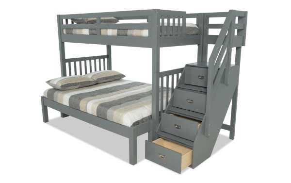 Chadwick Twin/Full Gray Stairway Bunk Bed in transitional style, solid pine with built-in gray storage drawers in stairs, reversible stairway.