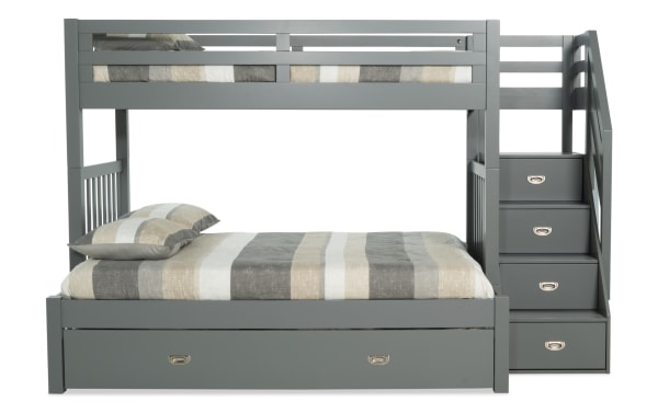 Chadwick Twin/Full Gray Stairway Bunk Bed & Twin Trundle in transitional style, solid pine, with built-in stair storage drawers and gray finish.