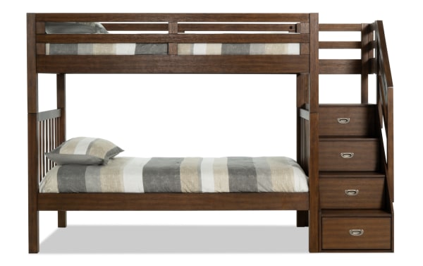 Chadwick Twin/Twin Brown Stairway Bunk Bed in transitional style, solid pine with brown finish, features built-in stairway storage drawers on right side.