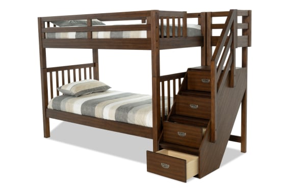 Chadwick Twin/Twin Brown Stairway Bunk Bed in transitional style, made of solid pine with built-in storage drawers in stair steps, reversible stairway.