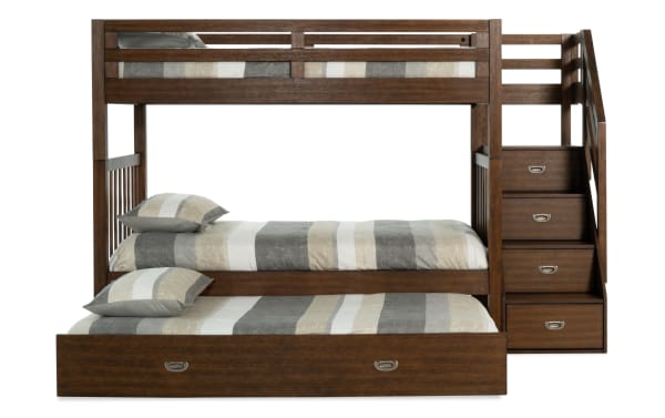 Chadwick Twin/Twin brown stairway bunk bed with twin trundle, transitional style, solid pine, built-in storage stairs, reversible stairway sides.