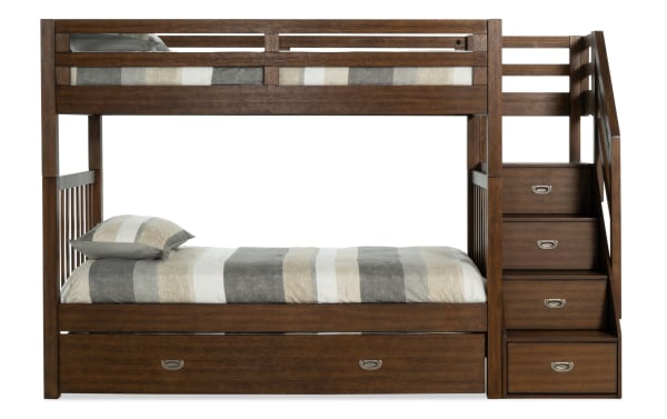 Chadwick Twin/Twin brown stairway bunk bed with twin trundle, transitional style, solid pine construction, built-in stair drawers for storage, reversible stairway side.