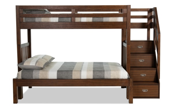 Chadwick Twin/Full Brown Stairway Bunk Bed in transitional style, solid pine wood with built-in storage stairs on the right side, no ladder needed.