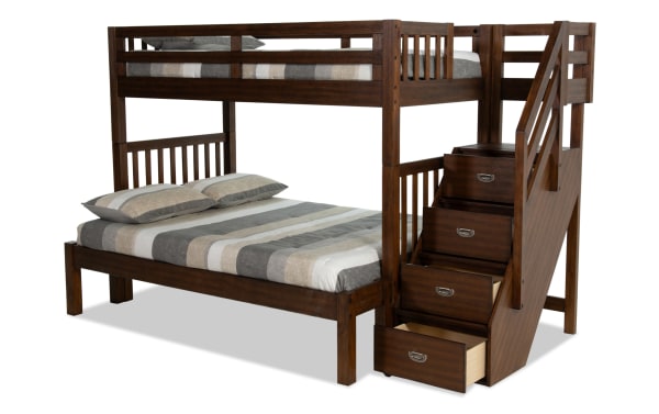 Chadwick Twin/Full Brown Stairway Bunk Bed in transitional style, made of solid pine with built-in storage drawers in the stairs, reversible stairway.