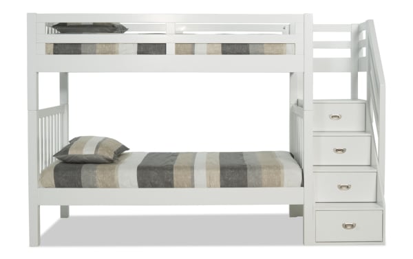 Chadwick Twin/Twin white stairway bunk bed with pine solids, transitional style, built-in storage stairs, and two striped Perfection innerspring mattresses.