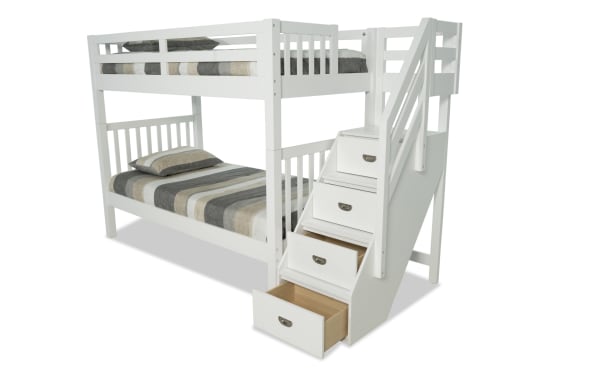Chadwick Twin/Twin white stairway bunk bed in pine solids with built-in storage drawers, transitional style, and two mattresses included.