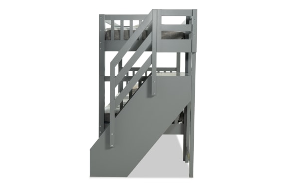 Chadwick Twin/Twin gray stairway bunk bed in transitional style, solid pine with built-in stairs and storage, includes two Perfection innerspring mattresses.