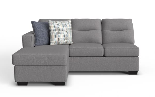 Dylan Slate left arm facing sectional sofa and chaise kit in gray polyester fabric. Transitional style with memory foam cushions, clean lines, and two decorative pillows.