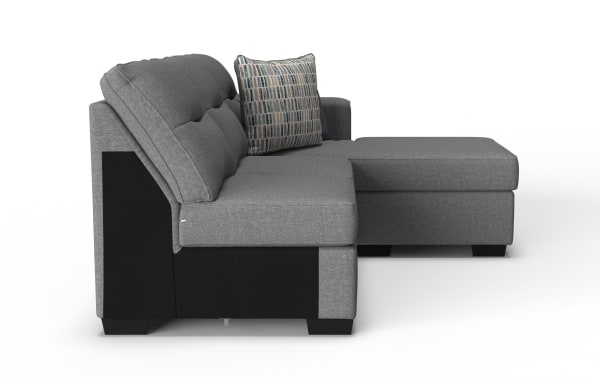 Dylan Slate Right Arm Facing Sofa & Chaise Kit in gray polyester fabric, transitional style with memory foam cushions and tufted backrest.