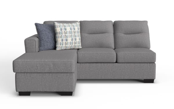 Dylan Slate left-arm facing sleeper sofa and chaise kit in gray polyester fabric, transitional style with plush cushions and two decorative pillows.