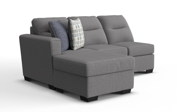 Dylan Slate left arm facing sleeper sofa and chaise kit in gray polyester fabric, transitional style with plush cushions and queen gel mattress.