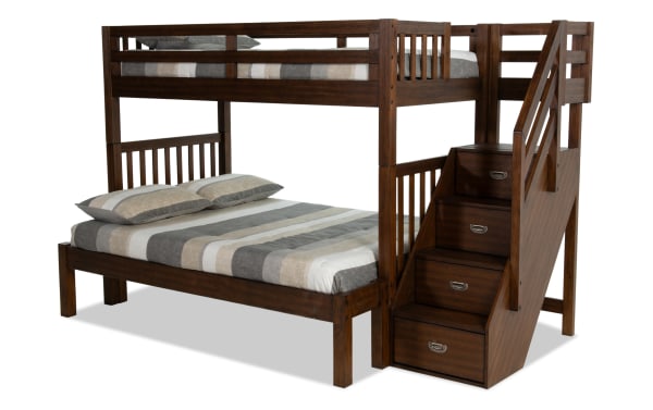 Chadwick transitional twin/full stairway bunk bed in brown pine solids with built-in storage drawers and two Perfection innerspring mattresses.