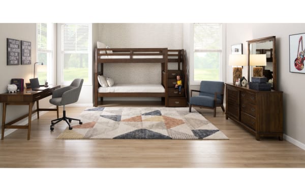 Chadwick Twin/Twin brown pine stairway bunk bed with 2 memory foam mattresses, transitional style, built-in stair storage, and no ladder.