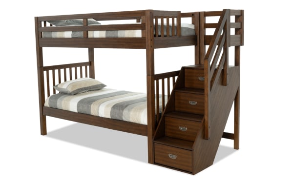 Chadwick Twin/Twin brown stairway bunk bed with solid pine frame, transitional style, and built-in storage stairs with four drawers, includes two memory foam mattresses.