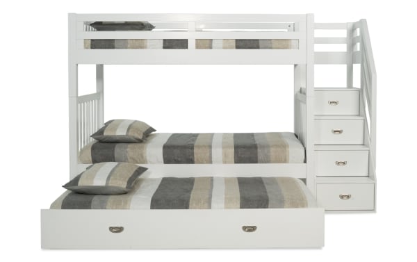 Chadwick Twin/Twin white stairway bunk bed with pine solids, transitional style, 2 memory foam mattresses, twin trundle, and built-in storage drawers.