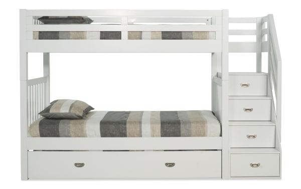 Chadwick Transitional Twin/Twin white pine stairway bunk bed with two memory foam mattresses, trundle, and built-in storage drawers.