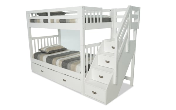Chadwick Twin/Twin white stairway bunk bed with pine solids, two memory foam mattresses, twin trundle, and built-in storage drawers.