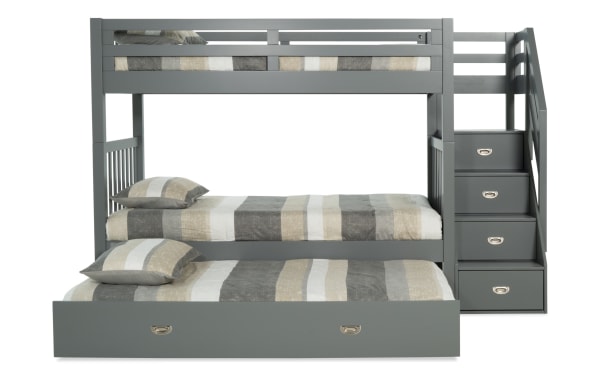 Chadwick transitional gray pine stairway bunk bed with two twin memory foam mattresses, twin trundle, and built-in storage drawers.